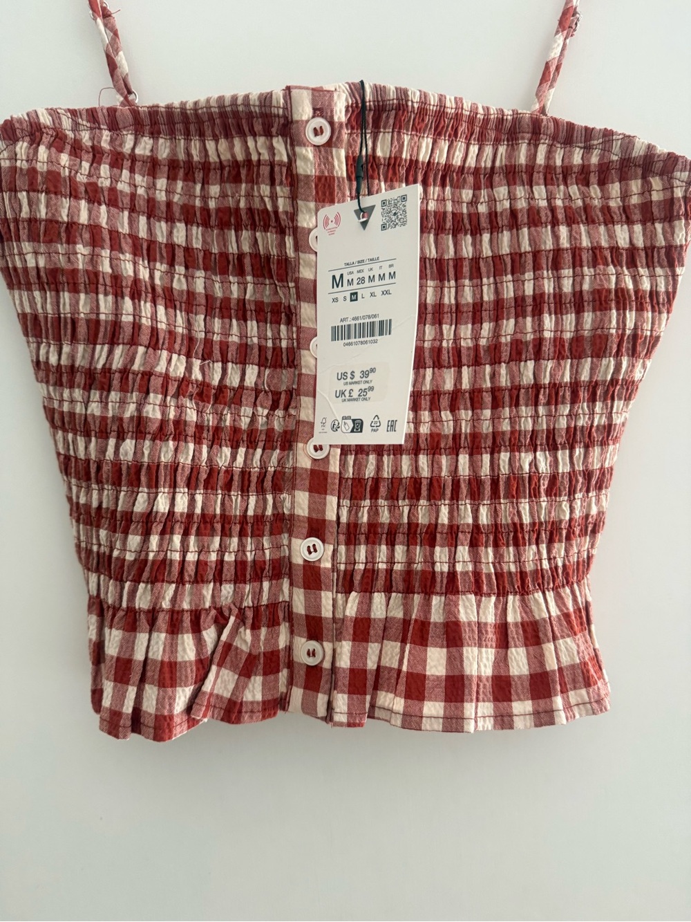 ZARA Women’s Red Gingham Smocked Button-Front Cami Top size M NWT